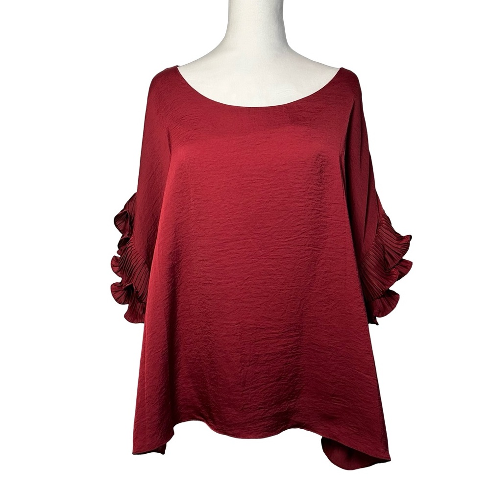 Melissa Paige Burgundy Sateen Ruffle Pleated Sleeve Boat Neck Blouse Top Size XL